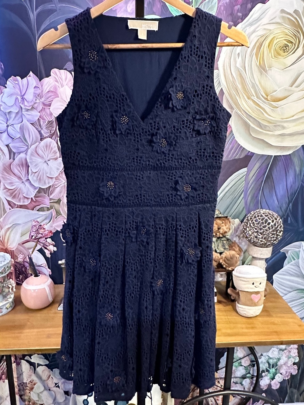 MICHAEL Michael Kors 2 Lace Fit Flare Dress Beaded Romantic Cocktail Navy